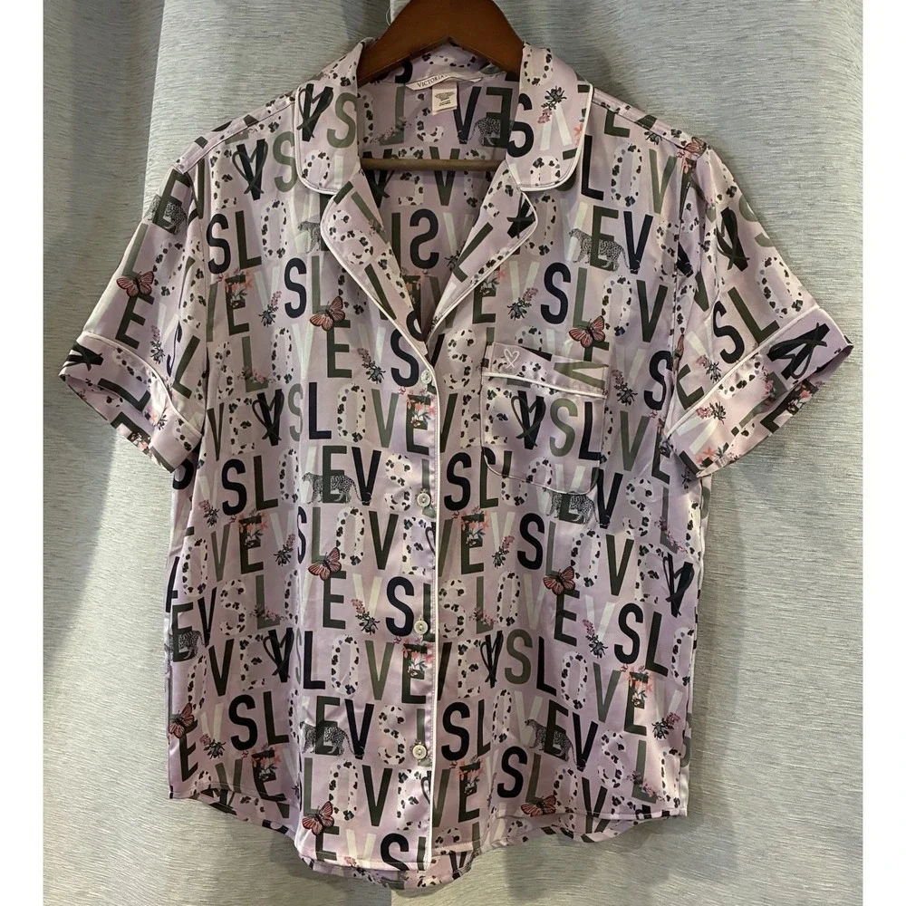 Victorias Secret Satin Pajama Set 2 Piece Love Logo Shorts Purple Lavender S